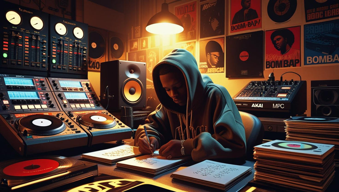 Artist writing lyrics in a music studio surrounded by vinyl records and turntables during The Golden Age of Rap.