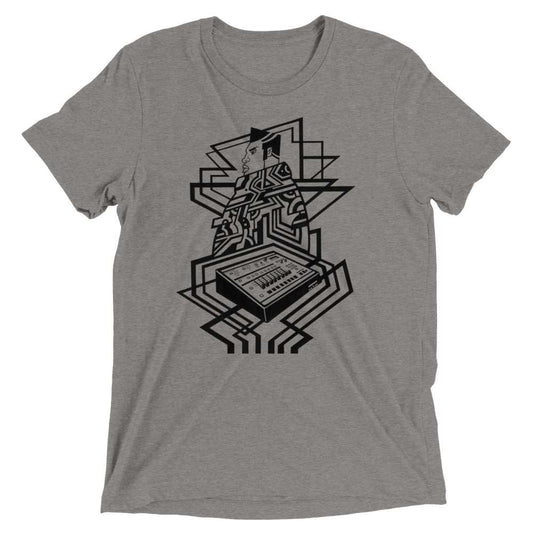 "Abstract design T-shirt inspired by hip-hop culture, featuring SP 1200 and artistic elements by Nathaniel Landry."
