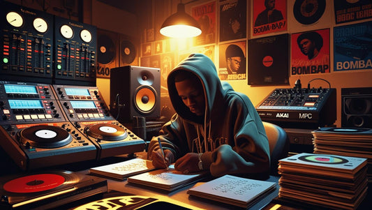 Artist writing lyrics in a music studio surrounded by vinyl records and turntables during The Golden Age of Rap.