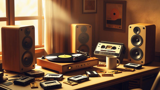 Rediscovering Imperfection, Unpacking The Origins of LoFi Music with retro vinyl player and cassette tapes.