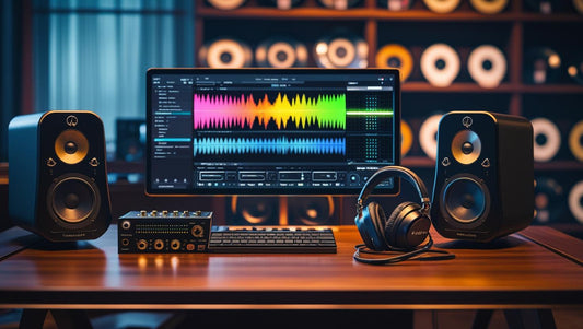 Headphones and laptop setup for mastering hip hop beats