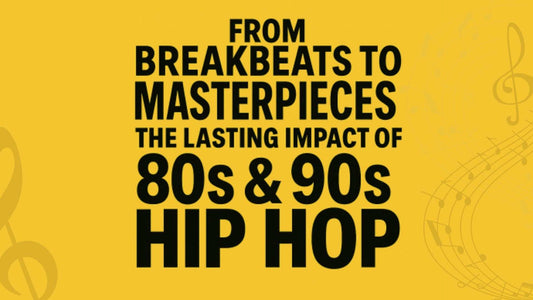 Yellow background with bold typography — From Breakbeats to Masterpieces: The Lasting Impact of 80s & 90s Hip Hop.