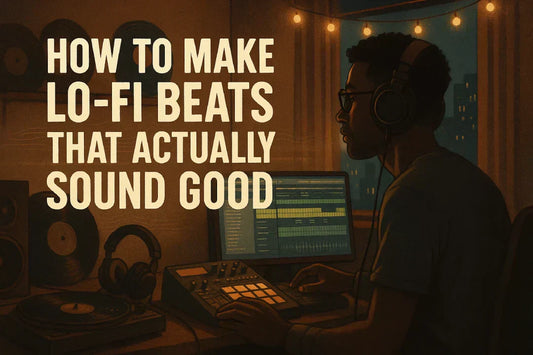 How to Make Lo-Fi Beats That Actually Sound Good – Young Black man creating music in a cozy home studio with headphones, music instruments, and a digital audio workstation.