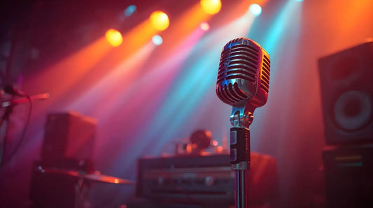 A classic chrome microphone stands center stage, bathed in vibrant orange, blue, and pink spotlights. The iconic silhouette represents timeless performance, capturing the essence of live music and vocal artistry.