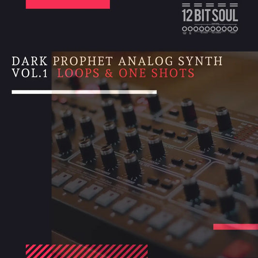 Dark Prophet Analog Synth Vol 1 cover featuring close-up of vintage analog synthesizer with multiple black knobs and control panel, white title text, red accent text, and 12 Bit Soul branding
