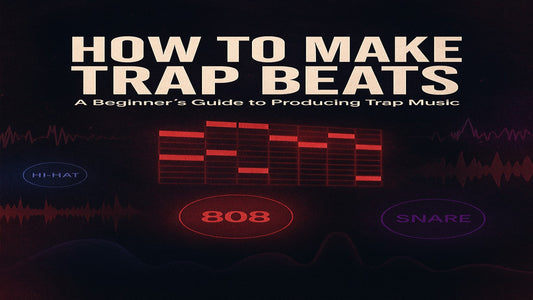 Graphic design showing “How to Make Trap Beats” with digital pads, 808 waveforms, and sound elements—visual intro to beginner trap production.