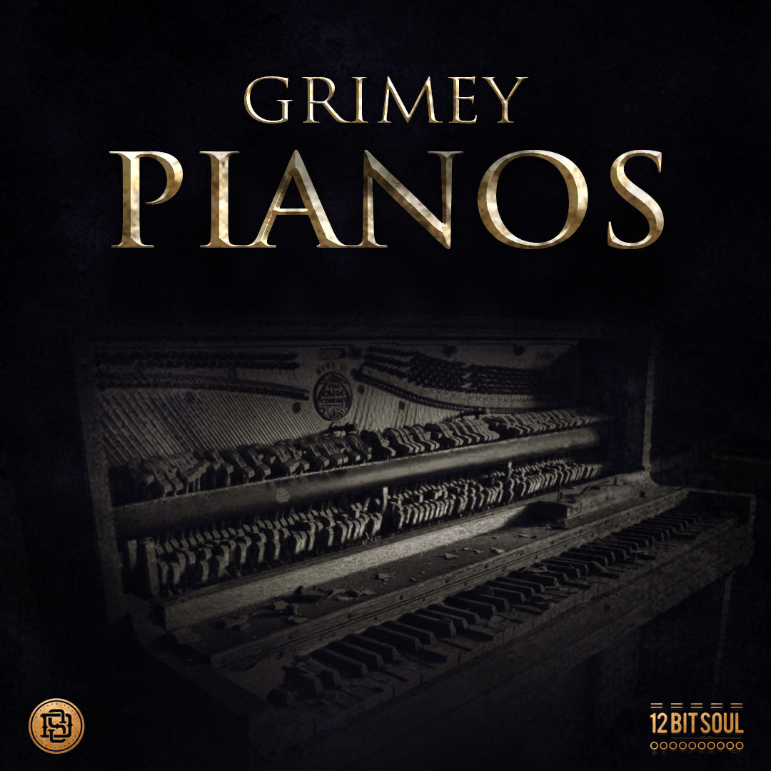 Grimey Pianos pack cover by Divided Souls Entertainment showcasing Golden Era-inspired piano loops and vinyl SFX

