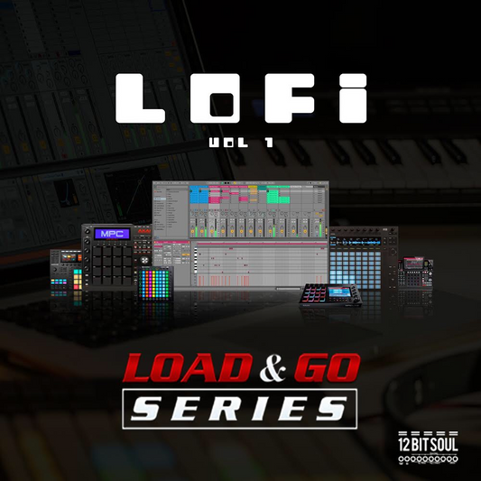 Maschine Drum Kits, Screenshot of Lo-Fi Load and Go Sound Kit loaded on Akai and MASCHINE, showcasing prefilled pads for instant beatmaking.

