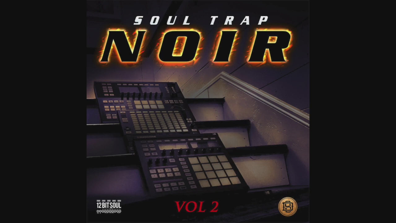 Soul Trap Noir 2 sound kit by Divided Souls Entertainment. Includes 16 kicks, 16 snares, 16 claps, and 16 bass kicks for trap and hip-hop music production.


