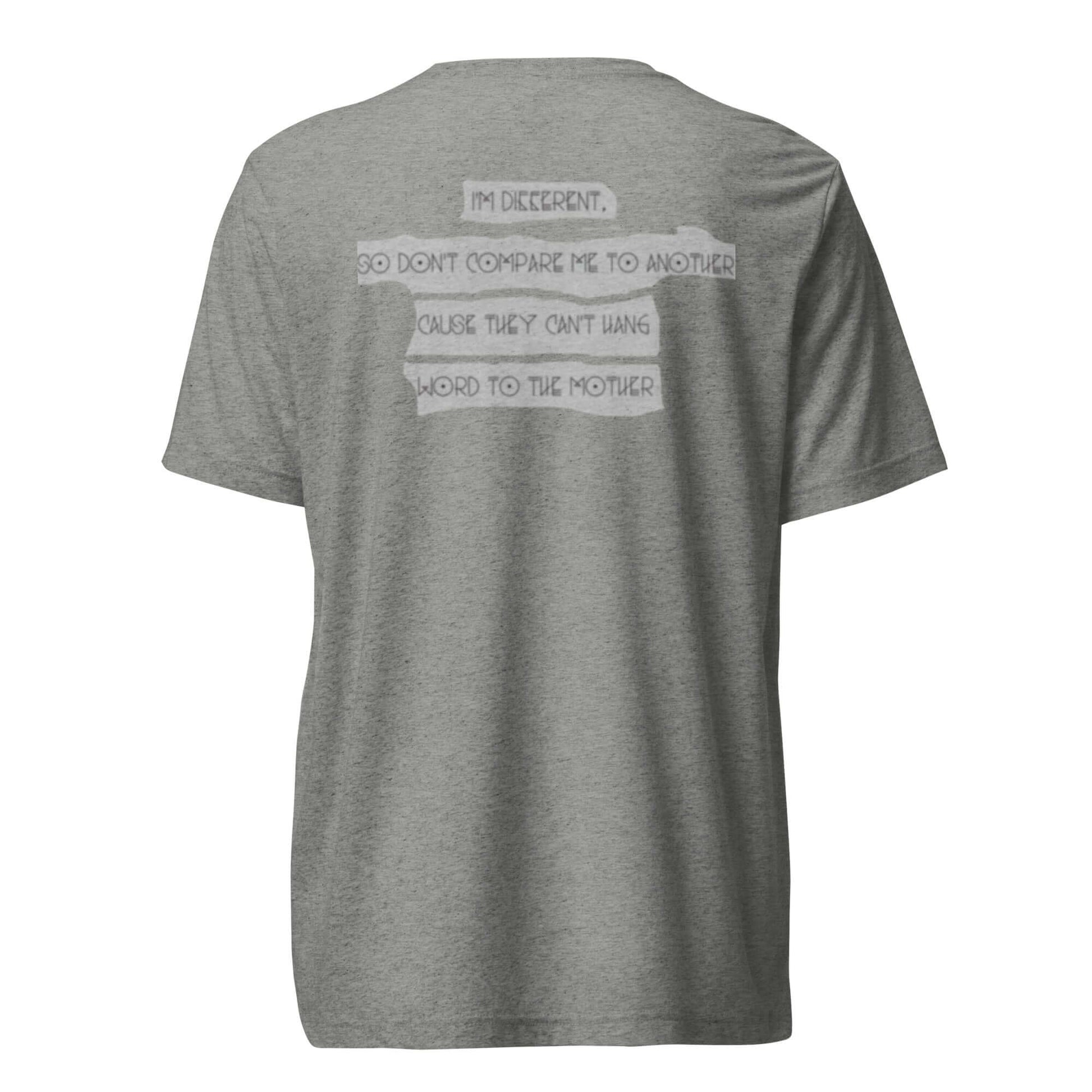 Back view of "I AM ONE WITH THE SP 1200" T-shirt featuring Big Daddy Kane quote on a gray fabric.