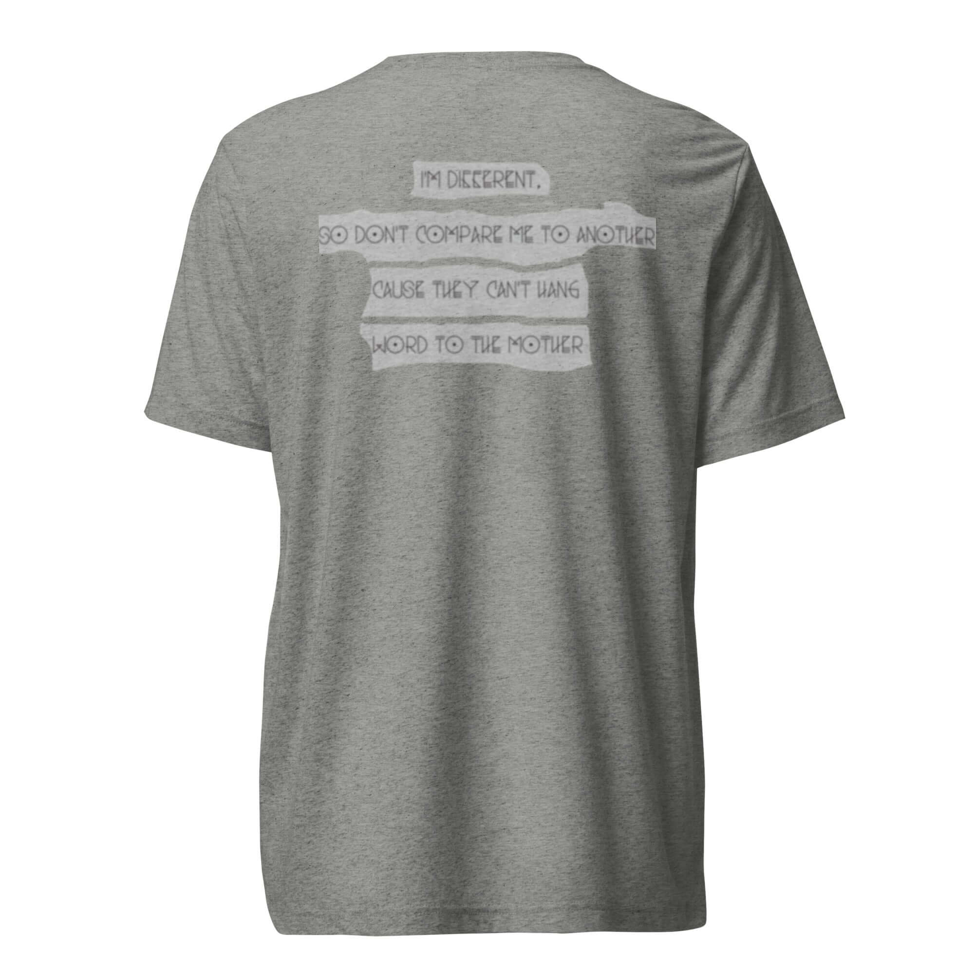 Back view of "I AM ONE WITH THE SP 1200" T-shirt featuring Big Daddy Kane quote on a gray fabric.