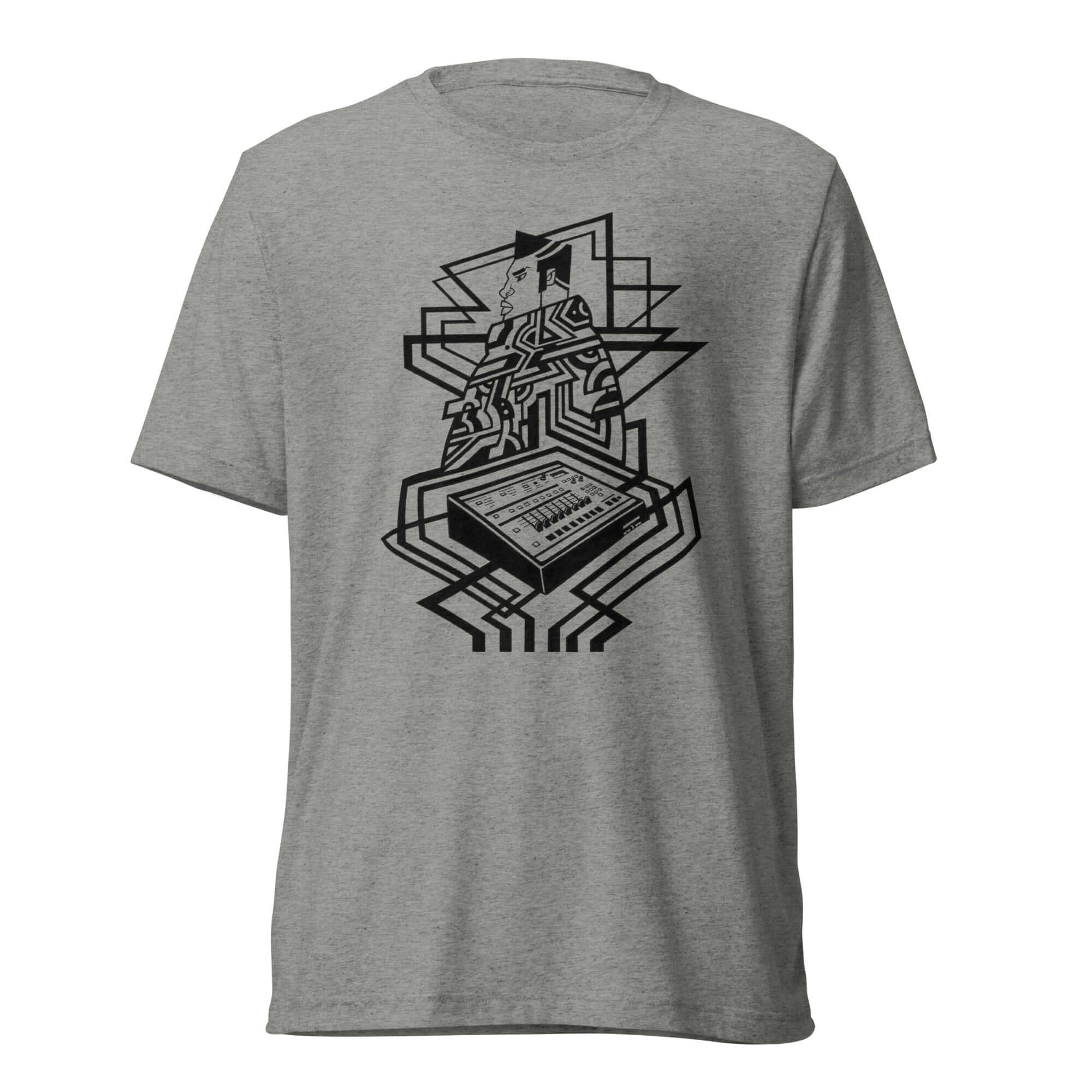 Abstract Afrikan futurism T-shirt featuring SP 1200 design for hip-hop culture by Nathaniel Landry.