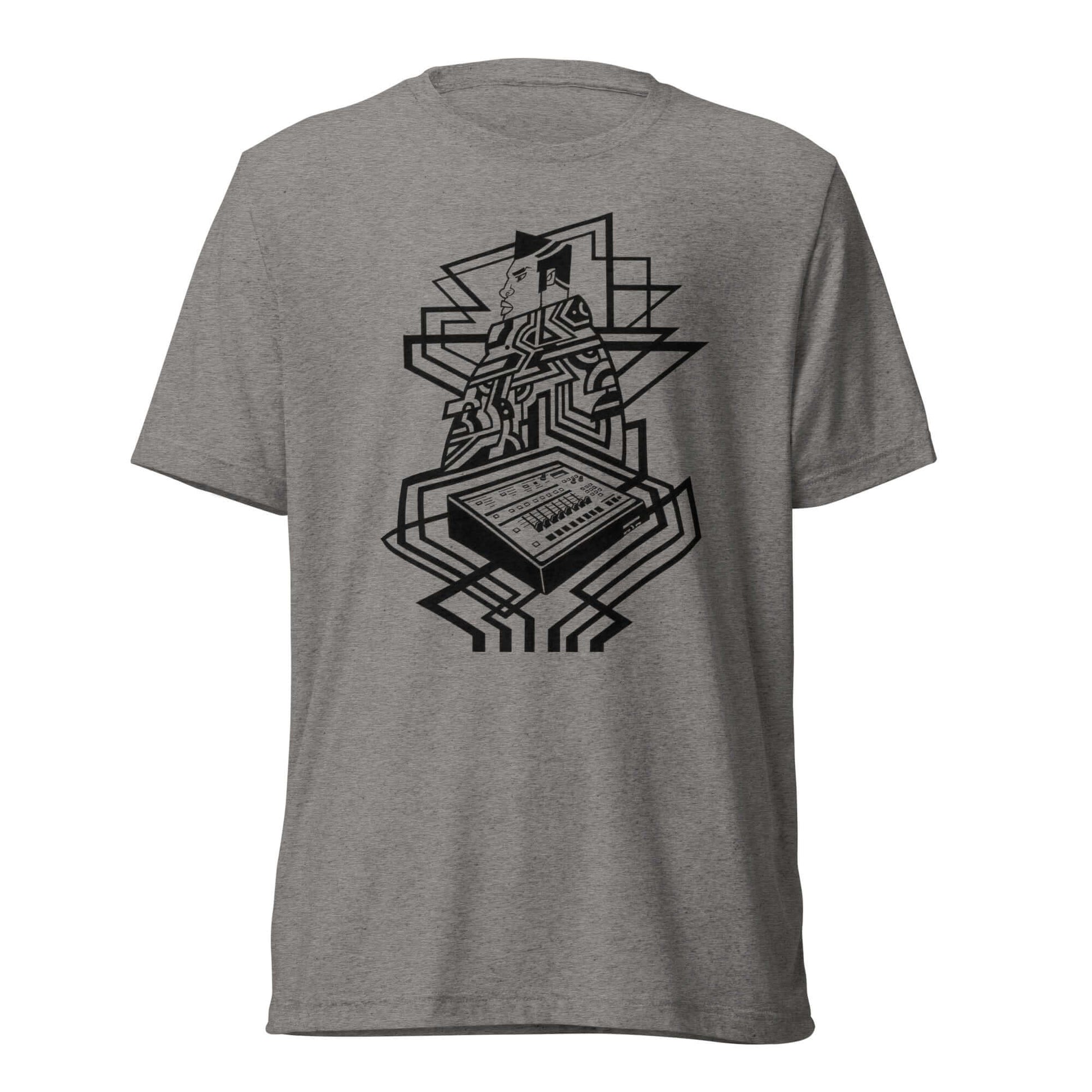 Abstract Afrikan futurism T-shirt featuring SP 1200 design by Nathaniel Landry, celebrating hip-hop culture.