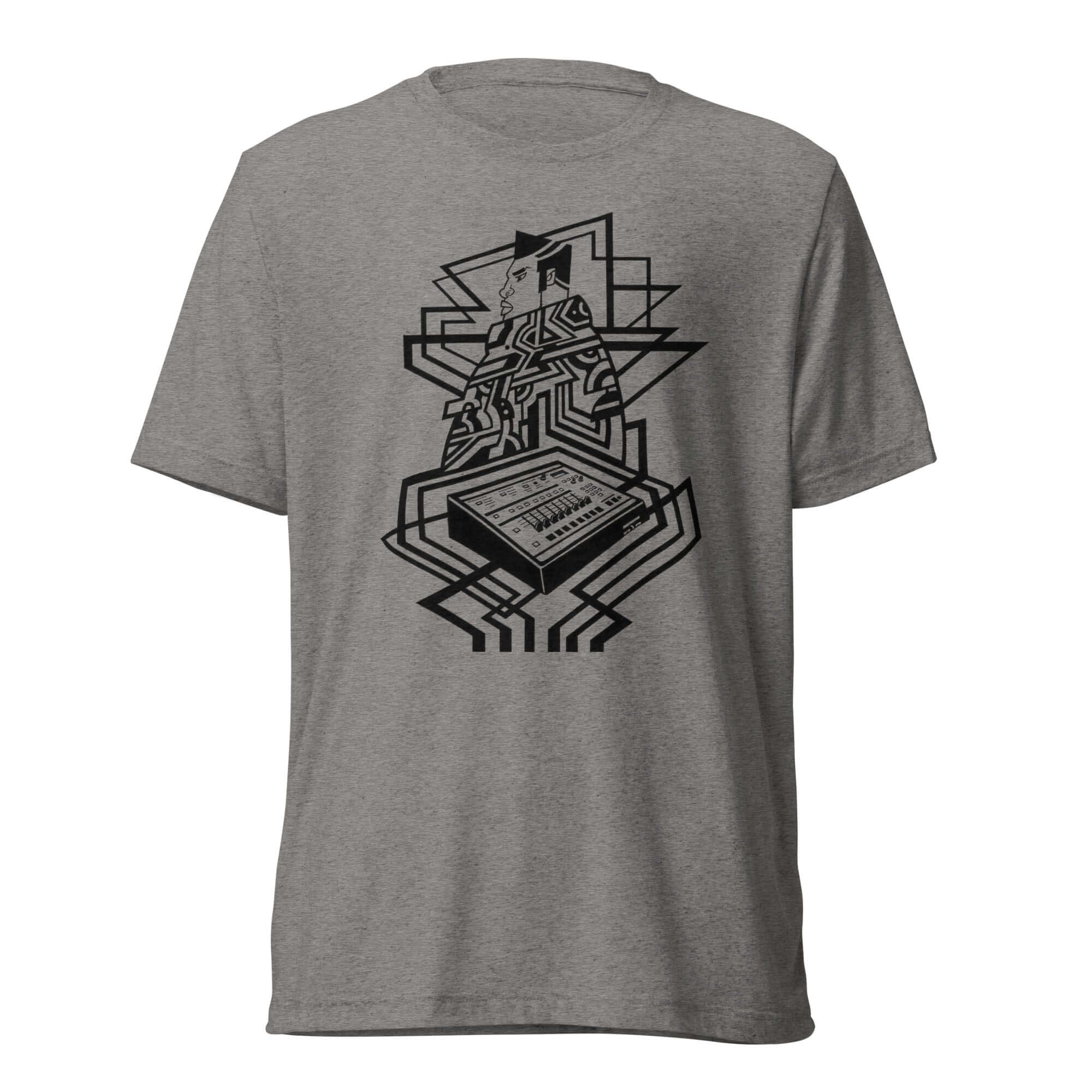 Abstract Afrikan futurism T-shirt featuring SP 1200 design by Nathaniel Landry, celebrating hip-hop culture.